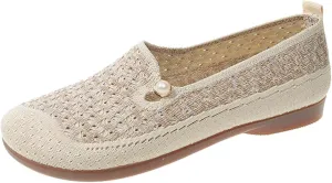 Women's Hollow Pearl Casual Walking Shoes Traditional Chinese Loafers Mesh Pearl Flat Shoes White