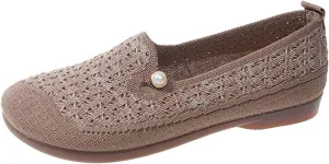 Women's Hollow Pearl Casual Walking Shoes Traditional Chinese Loafers Mesh Pearl Flat Shoes White