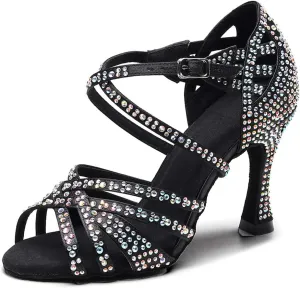 Women's Rhinestone Latin Dance Shoes 3.5 inch Heel Professional Open Toe Ballroom Salsa Social Dance Heels