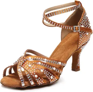 Women’s Rhinestone Salsa Latin Dance Shoes Ballroom Satin Dance Shoe Bachata Practice Dancing Shoes