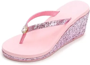 Women's Sequin Platform Wedge Flip-Flops Summer Rhinestones Beach Slides Comfy Non-Slip Platform Flip Flop Sandals (Pink-A,7)