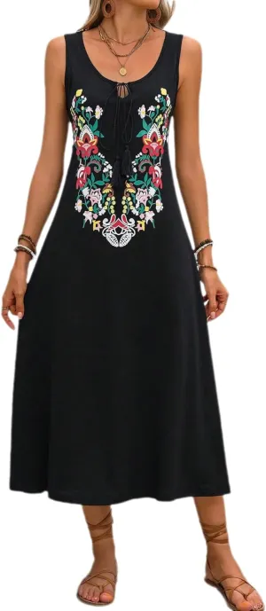Women's Vintage Ethnic Embroidered Floral Sundress Round Neck Sleeveless Loose Fit Casual Summer Vacation Beach Dress