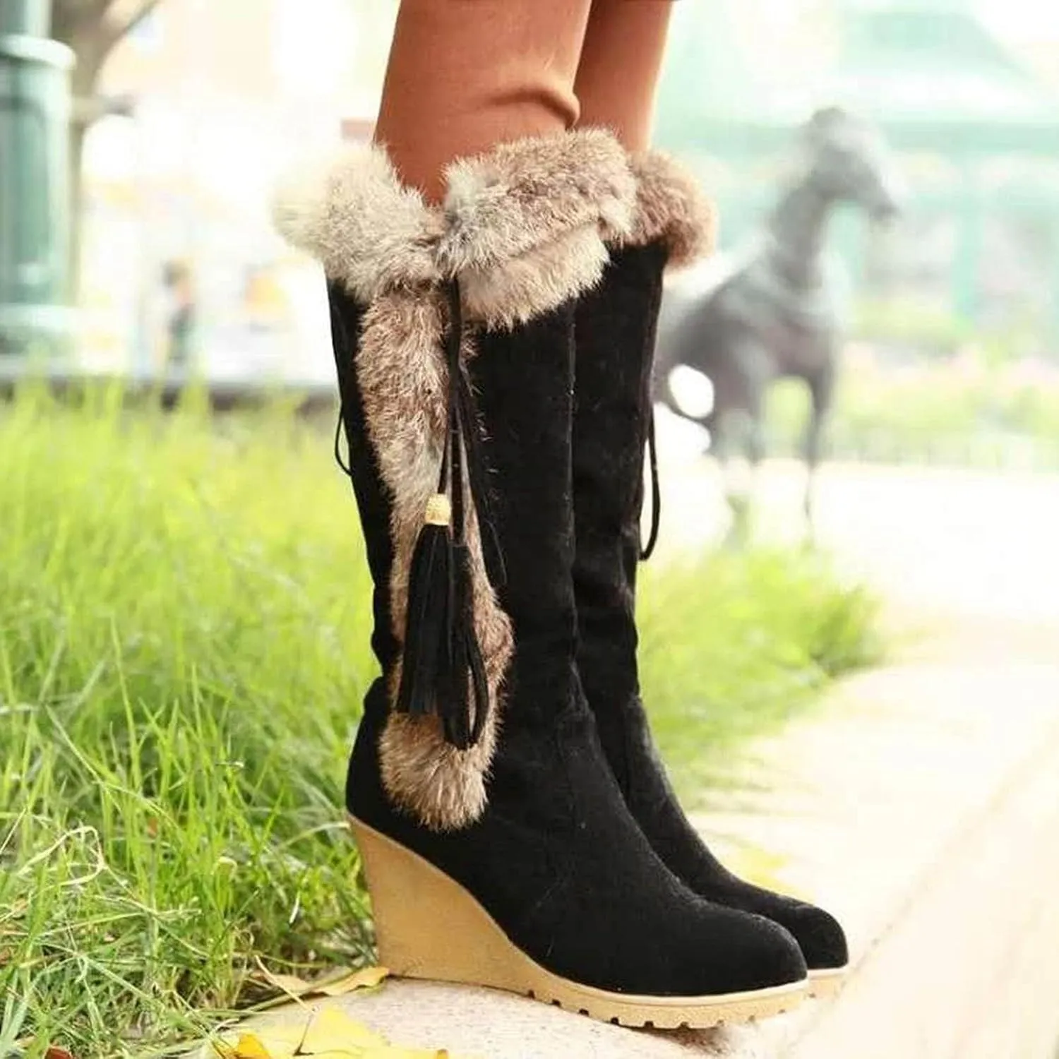 Women's Winter Warm Outdoor Mid Calf Boots High Heels Wedge Snow Bootie Faux Fur Comfortable Knee High Fuzzy Boots
