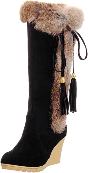 Women's Winter Warm Outdoor Mid Calf Boots High Heels Wedge Snow Bootie Faux Fur Comfortable Knee High Fuzzy Boots