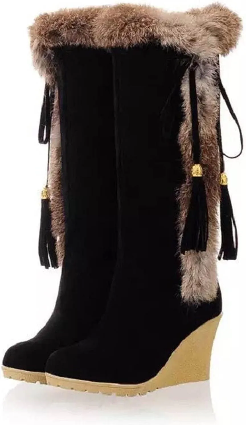Women's Winter Warm Outdoor Mid Calf Boots High Heels Wedge Snow Bootie Faux Fur Comfortable Knee High Fuzzy Boots